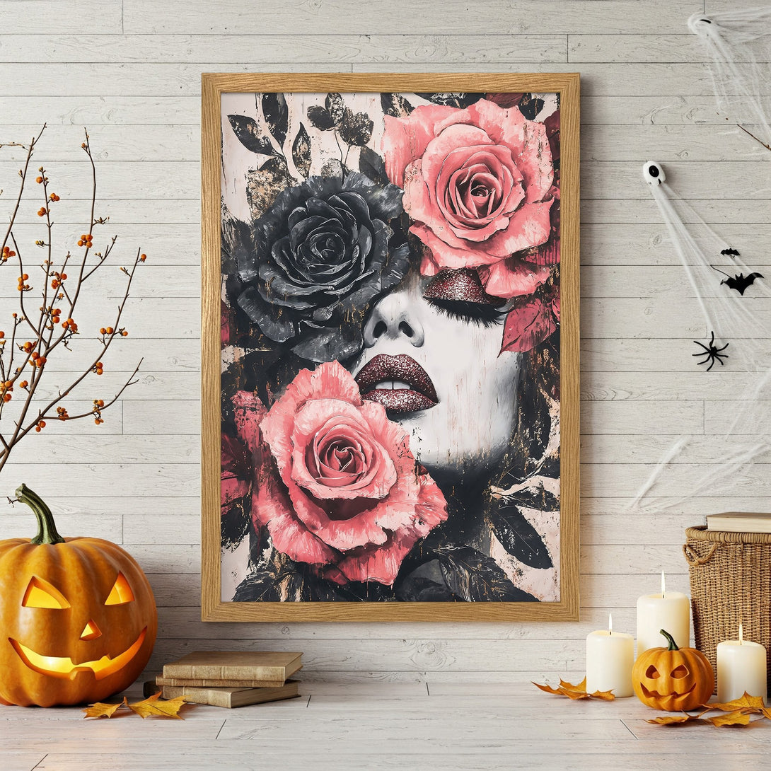 Framed Poster featuring a woman's face with roses, in a modern style, with a pink, black, and gold color palette. Perfect wall art.