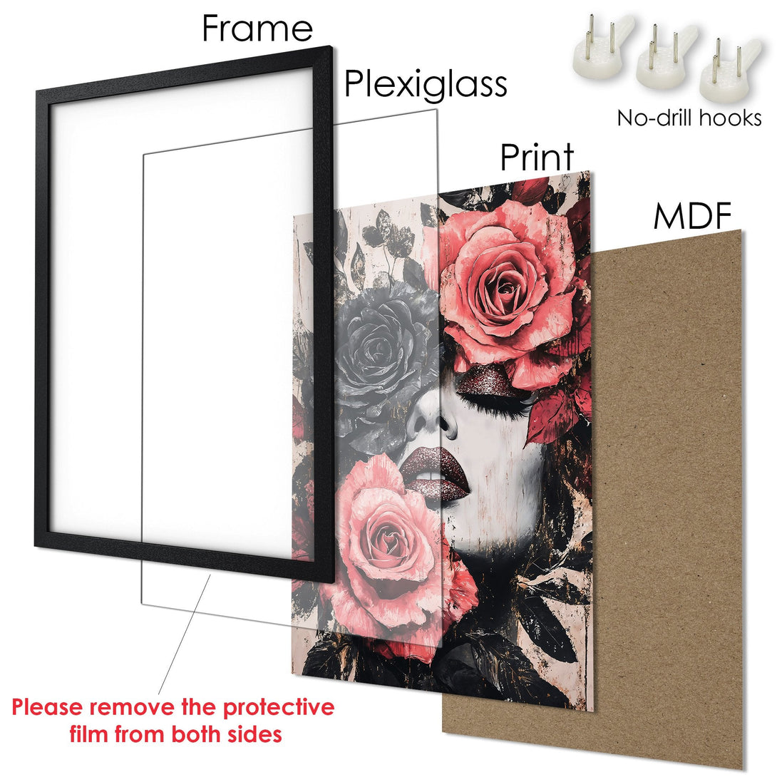 Framed Poster featuring a woman with roses, artistic style, and a pink, black, and white color palette. Perfect wall art!