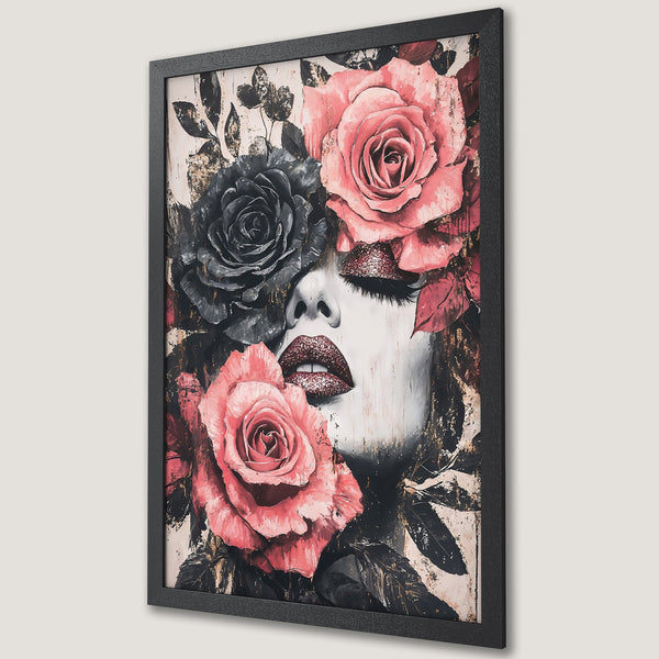 Framed Poster: Woman with roses art print. Modern style, black, pink, and gold color palette. Perfect wall decor for any room.