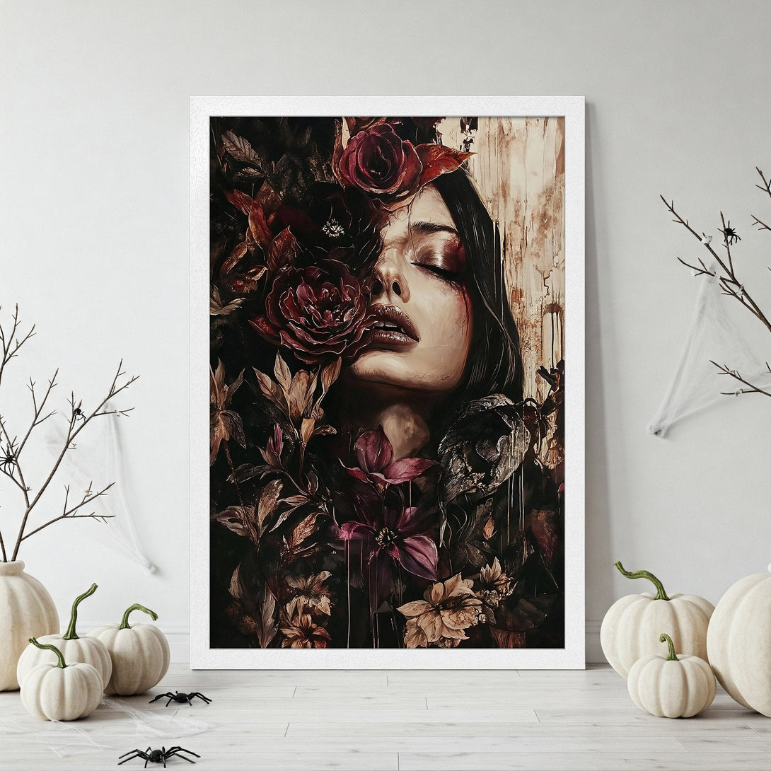 Framed Poster featuring a woman surrounded by flowers, dark and moody style, rich burgundy and brown color palette.
