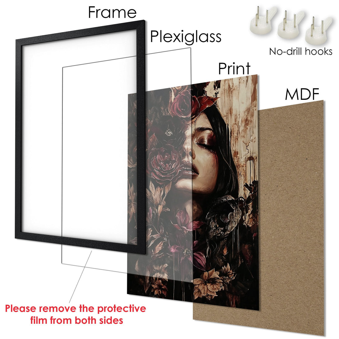 Framed Poster featuring a woman with floral elements, dark and moody style, rich burgundy and brown color palette. Ready to hang.