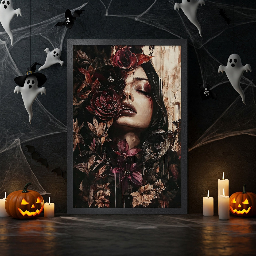 Framed Poster featuring a woman with flowers, dark and moody style, rich burgundy and brown color palette, perfect for Halloween decor.