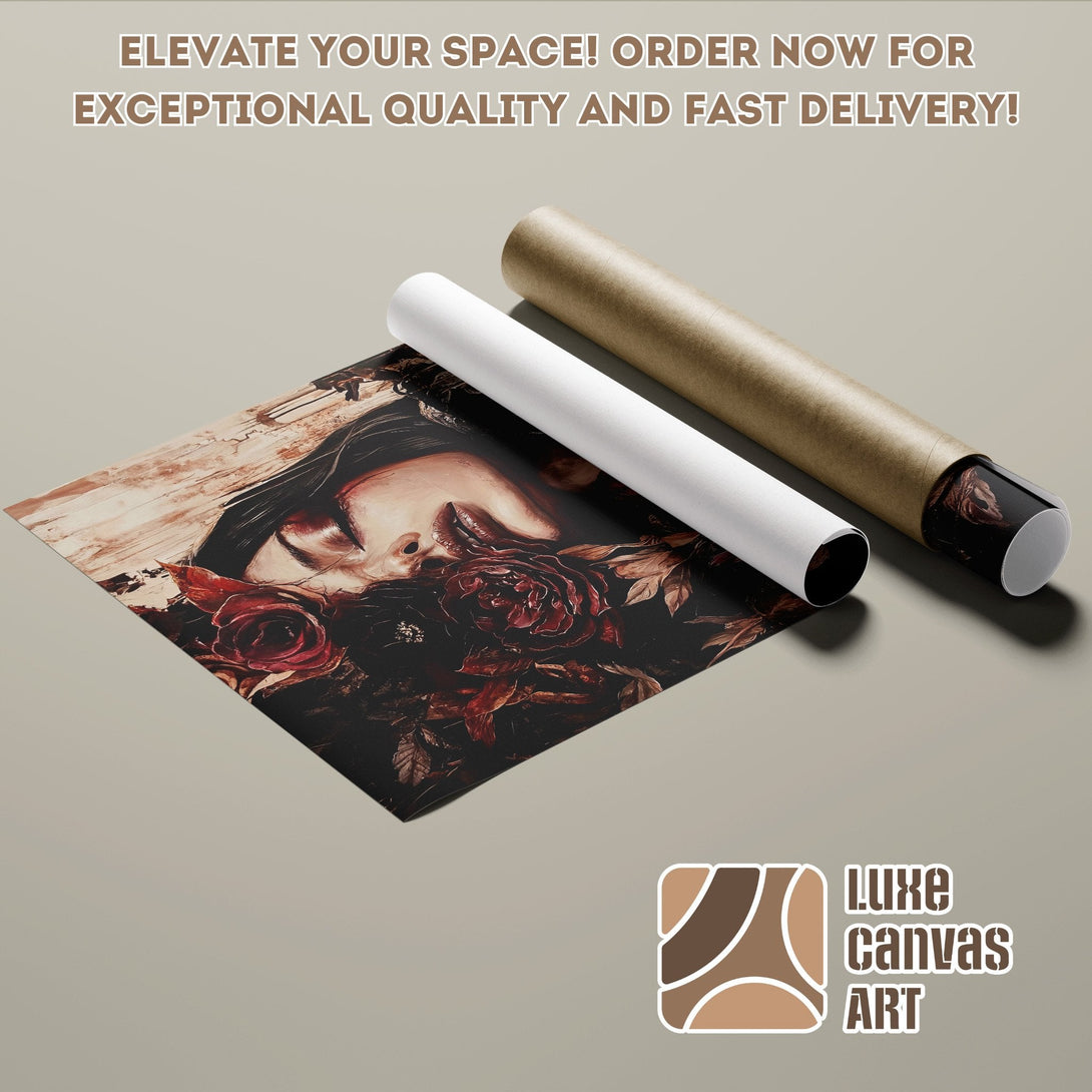Poster Roll featuring a woman with roses, dark & moody style, rich red & brown tones.