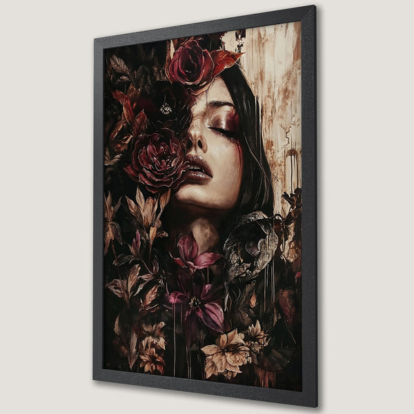 Framed Poster featuring a woman surrounded by flowers, dark and moody style, rich burgundy and brown color palette. Perfect wall art!