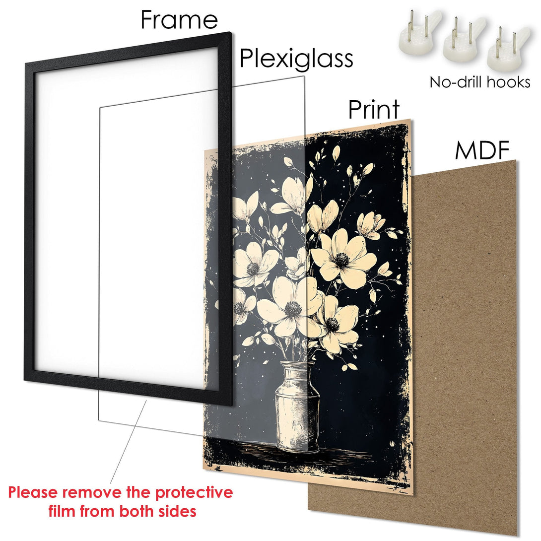 Framed Poster featuring a floral design in a vintage style with a black and beige color palette. Perfect wall art!