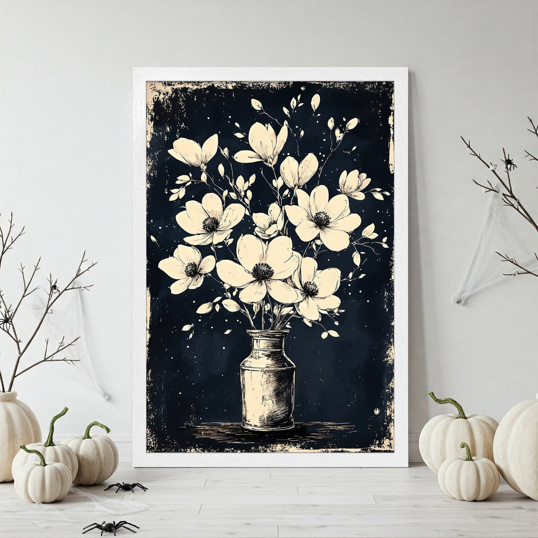 Framed Poster featuring elegant cream flowers on a dark background, vintage style, neutral color palette perfect for home decor.