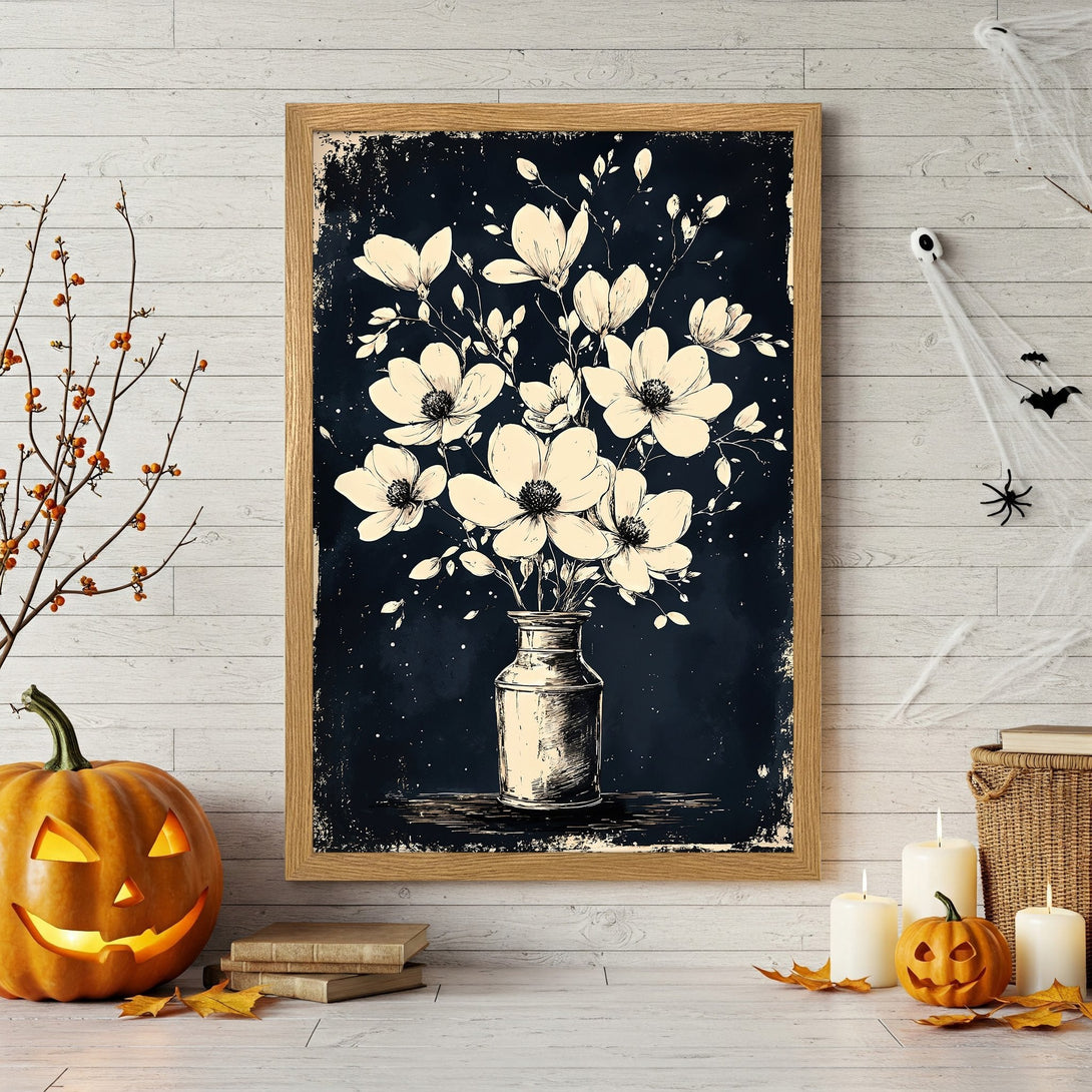 Framed Poster featuring a floral illustration in a vintage style with a dark blue and cream color palette. Perfect for home decor!