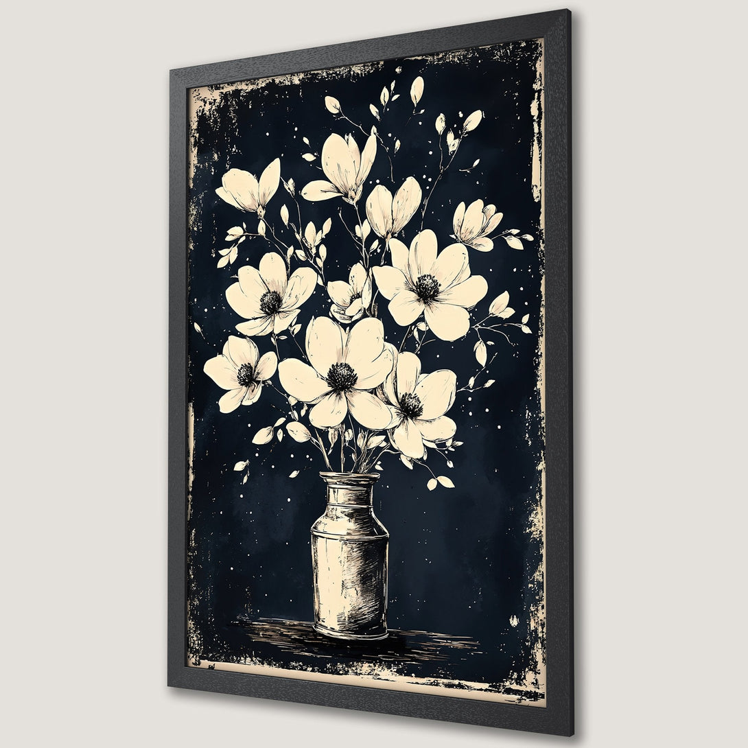 Framed Poster featuring a vintage floral illustration in cream and navy. Perfect wall art for a touch of elegance.