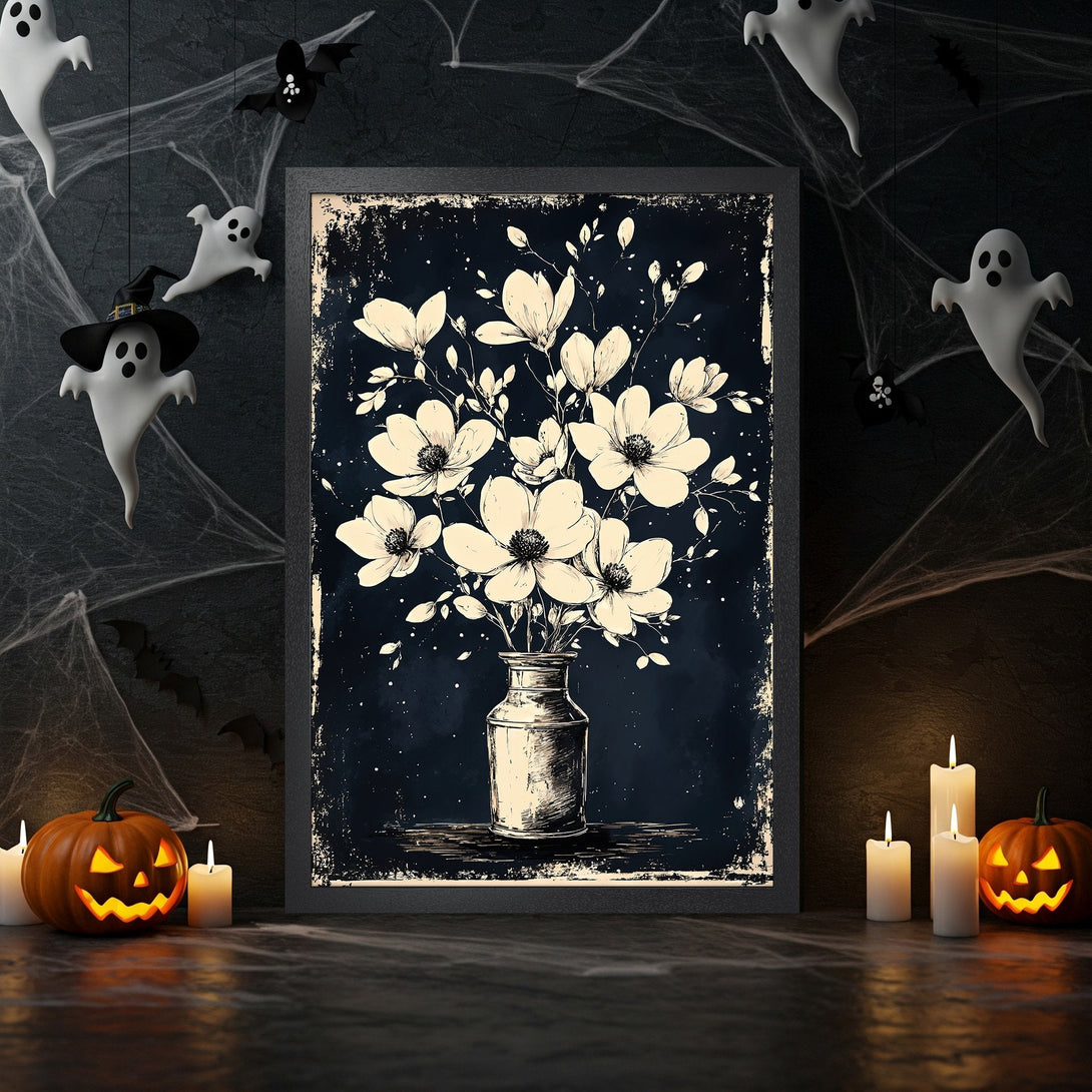 Framed Poster featuring floral art in a vintage style, with a dark blue and cream color palette. Perfect Halloween decor!