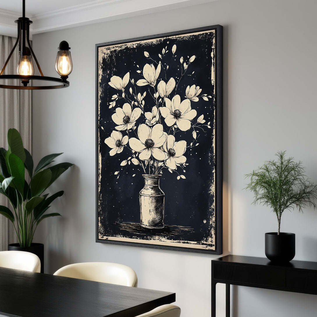 Framed Wall Art featuring a floral illustration in a vintage style. Elegant black and cream color palette. Perfect for adding a touch of sophistication to any space.