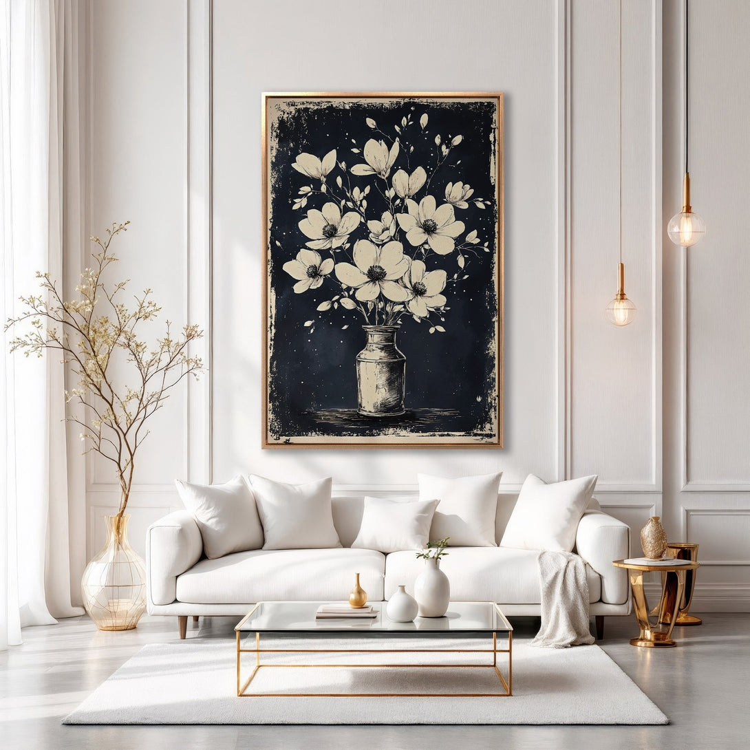 Framed Wall Art featuring a floral illustration in a vintage style, with a black and cream color palette. Perfect for adding elegance to any room.