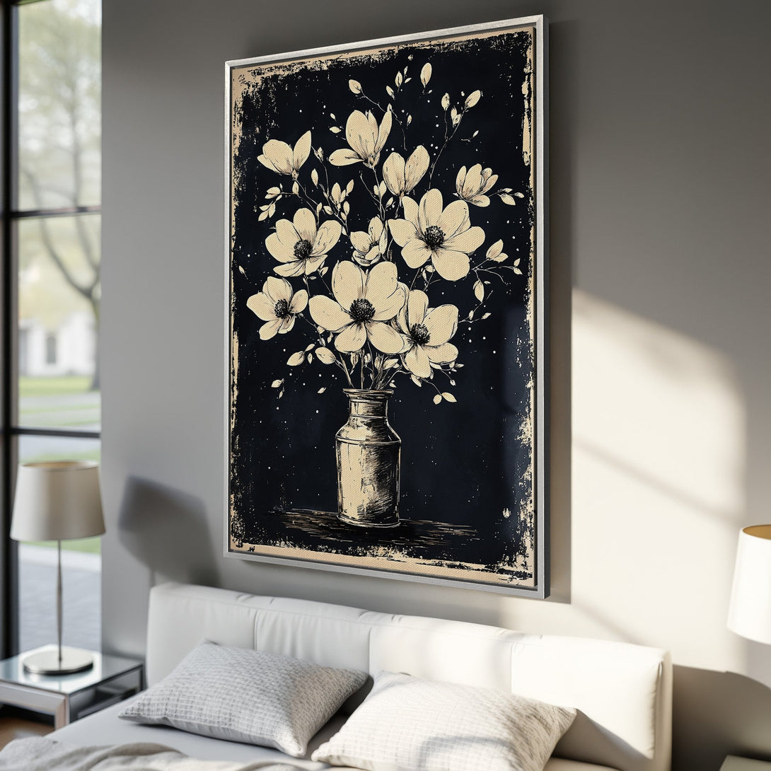 Framed Wall Art: Elegant floral Canvas Print in vintage style. Features cream flowers against a dark backdrop. Perfect for bedroom decor.