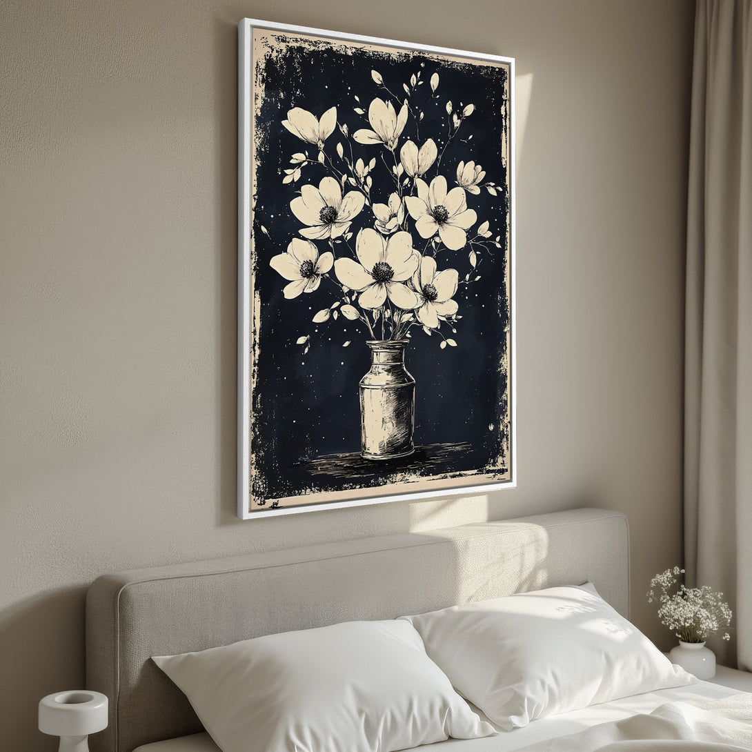 Framed Wall Art featuring a vintage floral illustration in a black and cream color palette. Perfect for adding a touch of elegance!