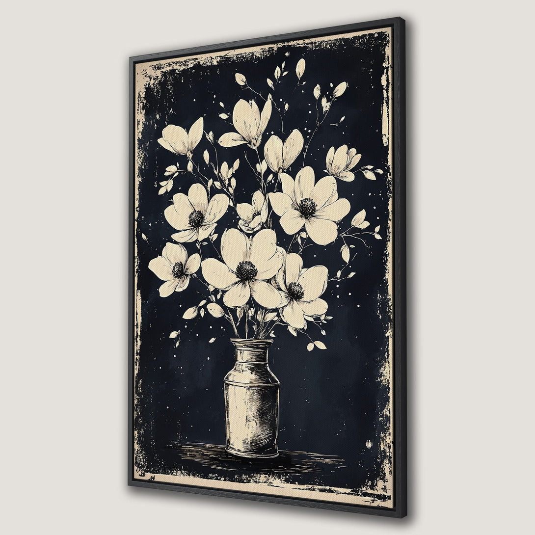Framed Wall Art: Elegant floral canvas print in a vintage style. Features cream flowers on a navy background. Perfect for farmhouse decor.