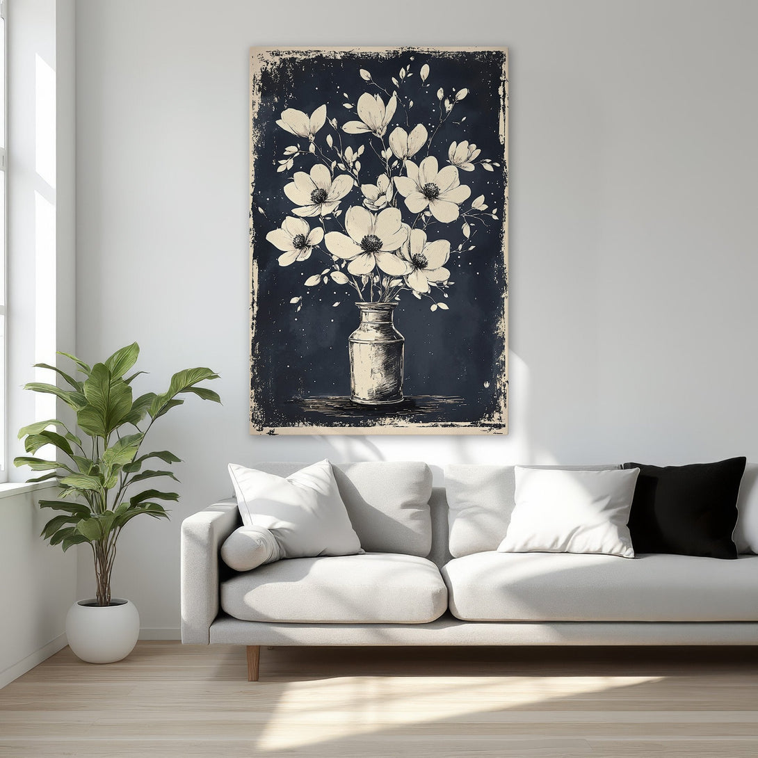 Framed Wall Art: Elegant floral print in black and cream, perfect for bedroom decor. Vintage-style canvas print with a gold frame.