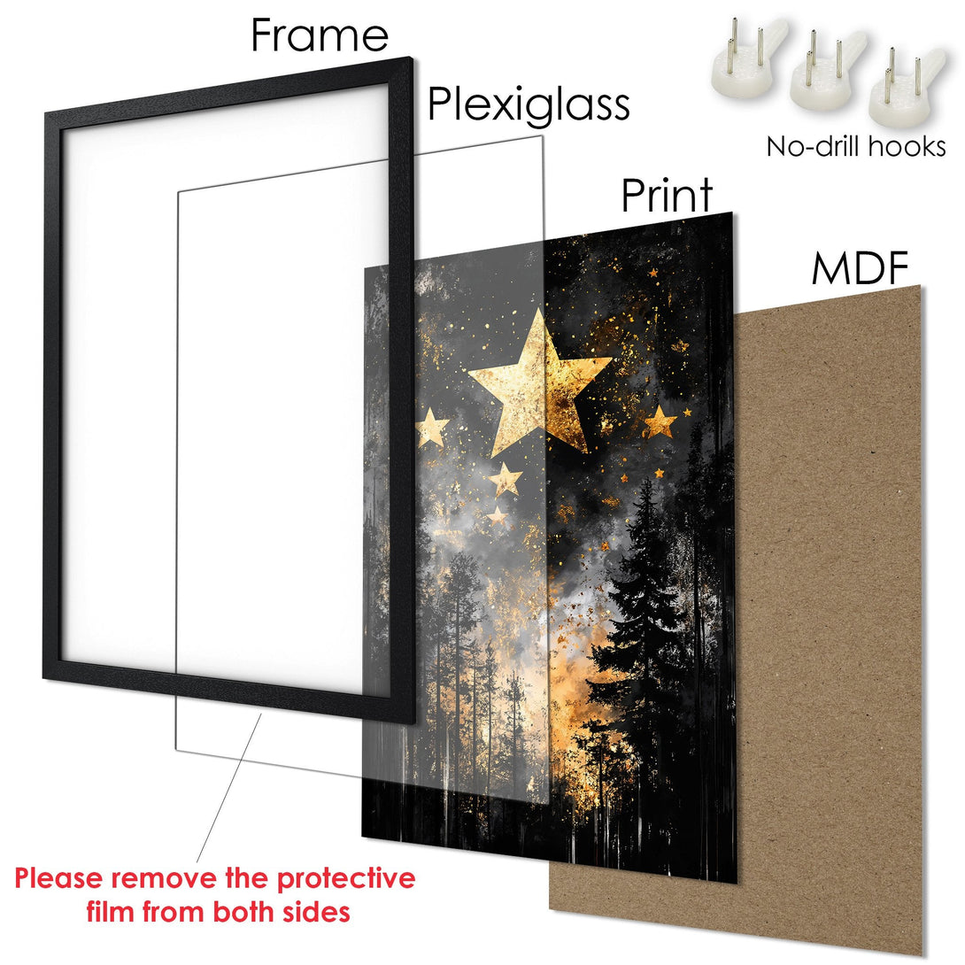 Framed Poster with gold star art. Modern style, black, gold & gray color palette. Ready to hang wall art.