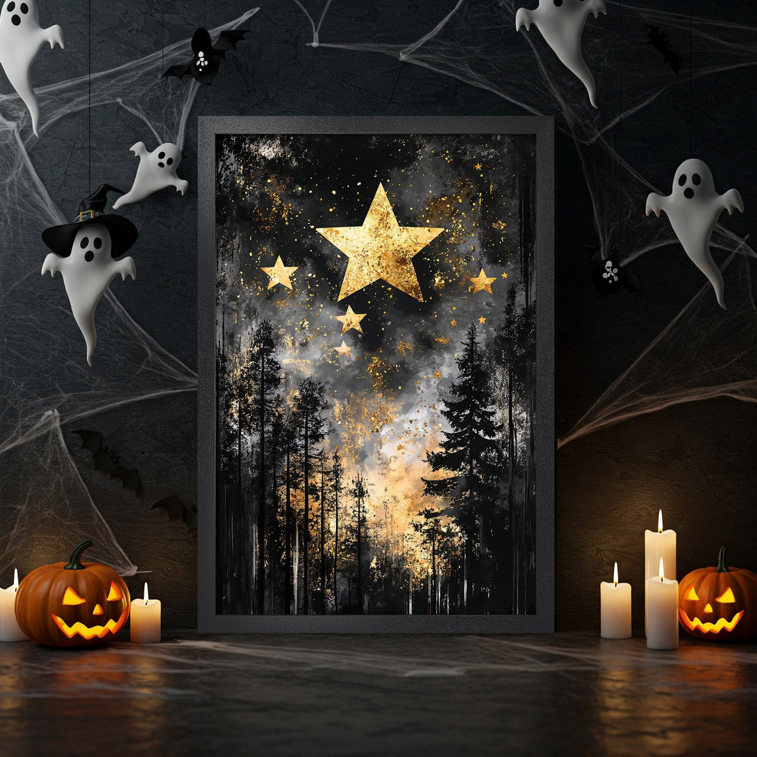 Framed Poster featuring a spooky forest scene with gold stars, in a dark, moody style with a black and gold color palette. Halloween decor.