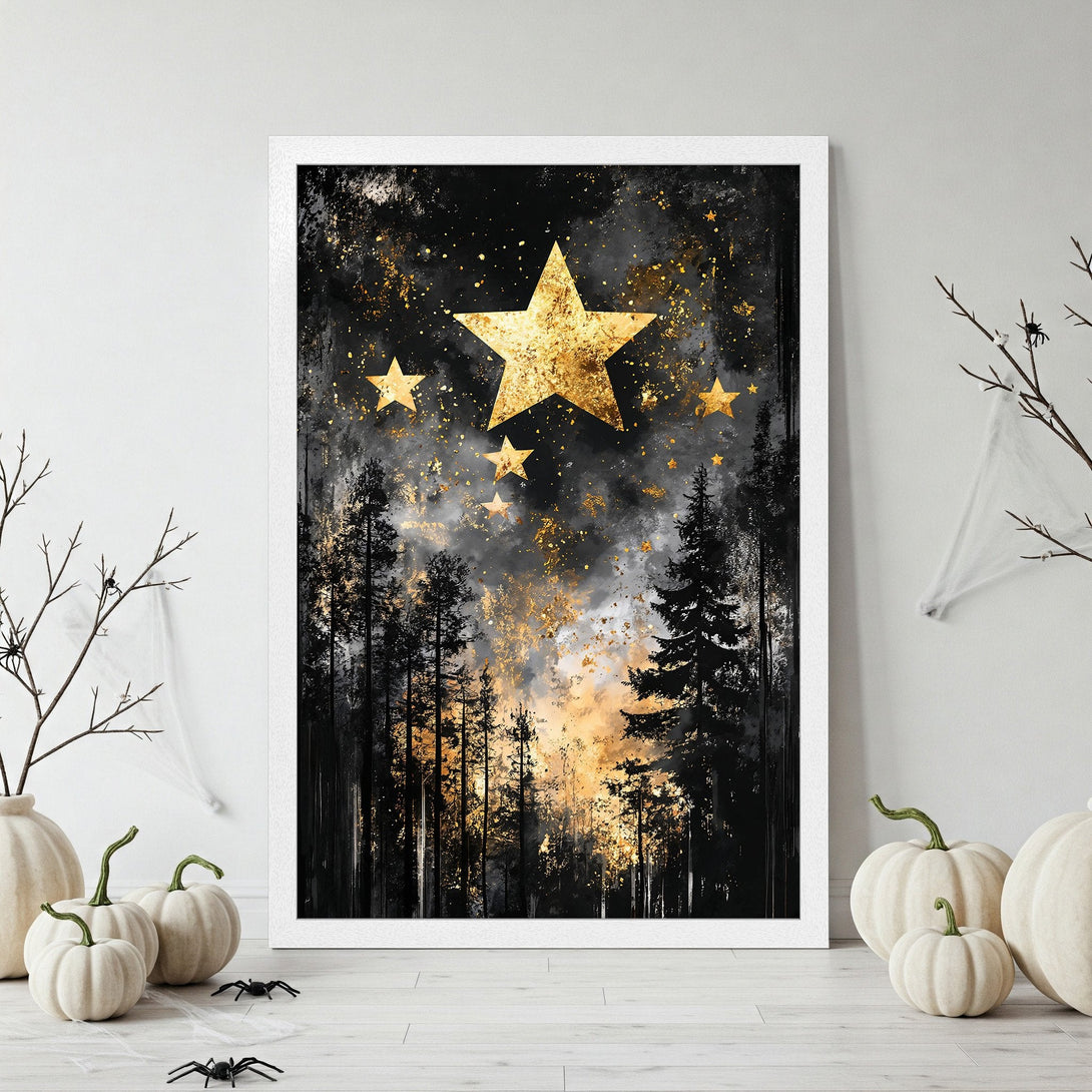 Framed Poster featuring a starry night forest scene in black, gold, and white. Perfect for adding a touch of magic to your home decor!
