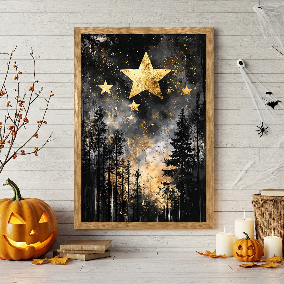 Framed Poster featuring a starry night forest scene with gold accents. Perfect Halloween decor! Black, gold, and warm tones.