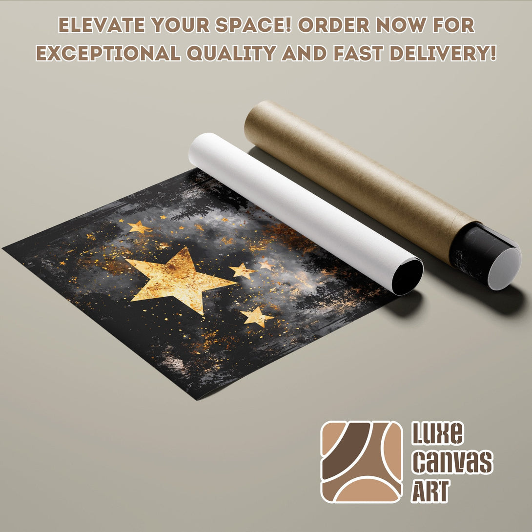 Abstract star Poster Roll in black, gold, and neutral tones. Elevate your space with Luxe Canvas Art!