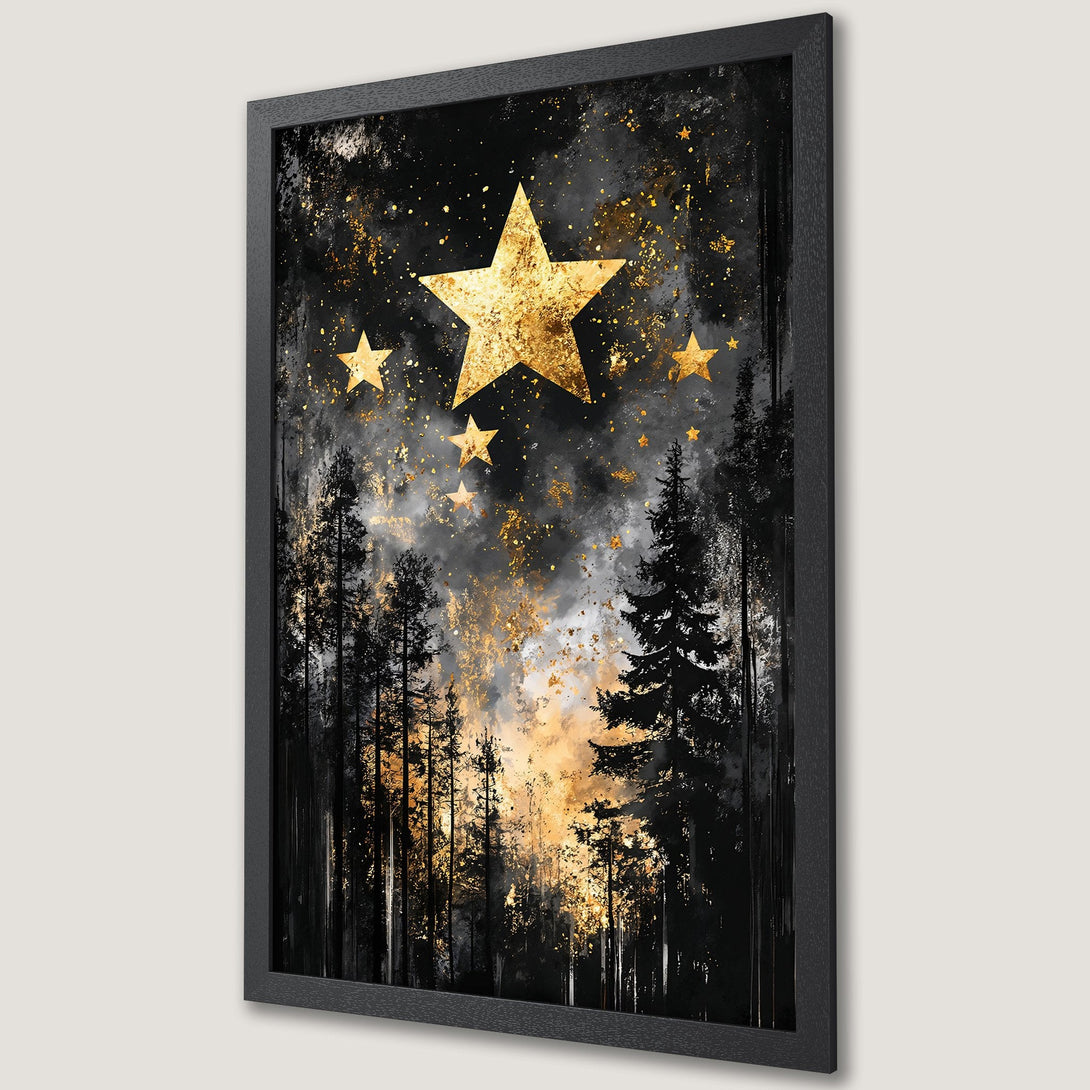 Framed Poster featuring a starry night forest scene with gold accents. Artistic style, black, gold, and grey color palette. Perfect wall art.