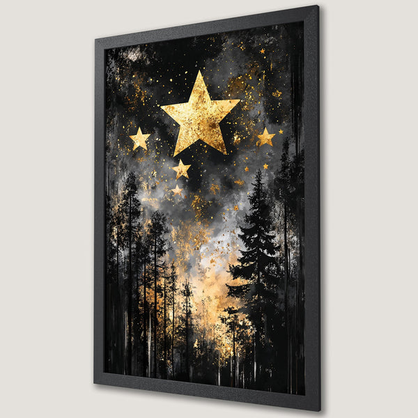 Framed Poster featuring a starry night forest scene with gold accents. Artistic style, black, gold, and grey color palette. Perfect wall art.