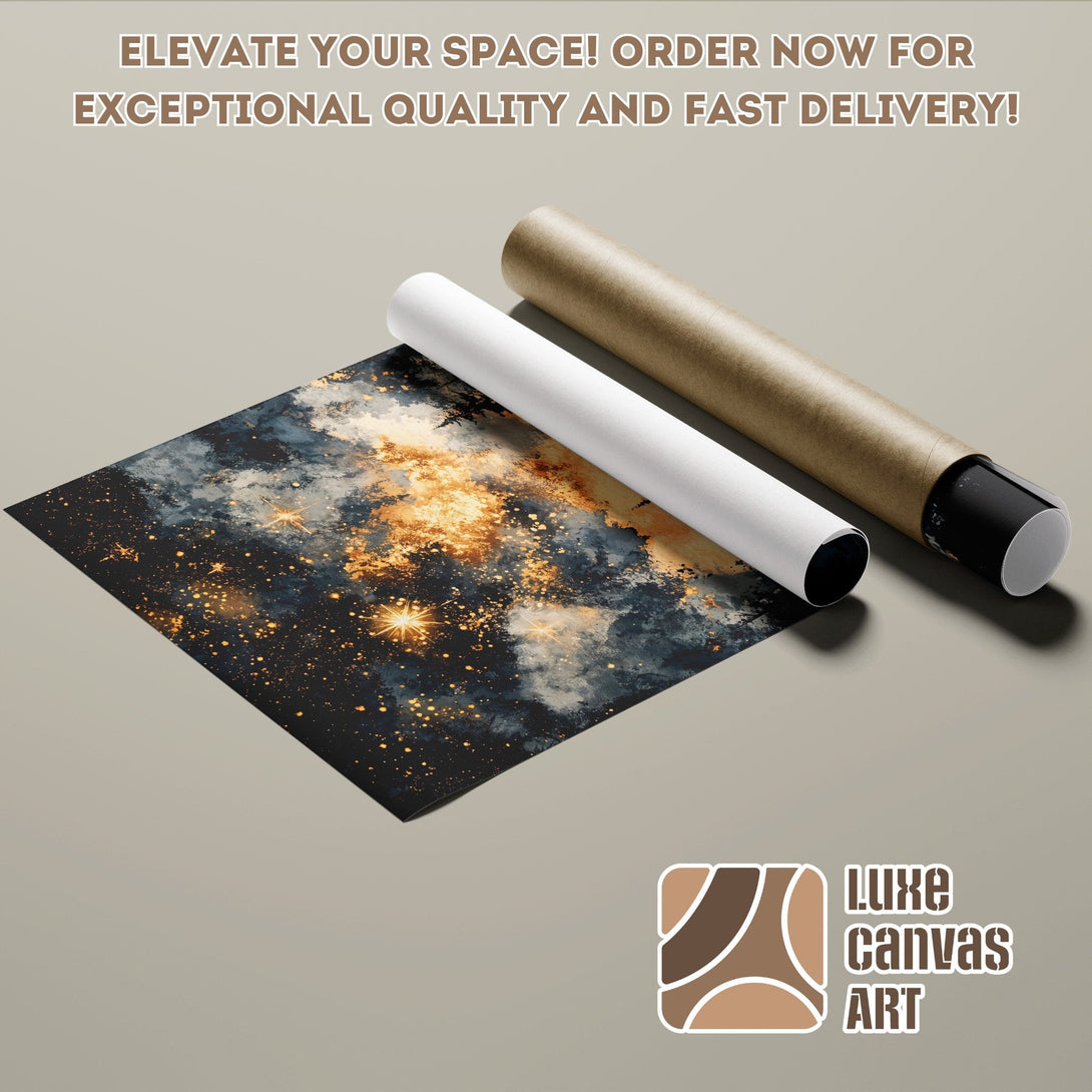 Abstract art poster roll with dark blue, gold, and neutral tones. Elevate your space! Order now!