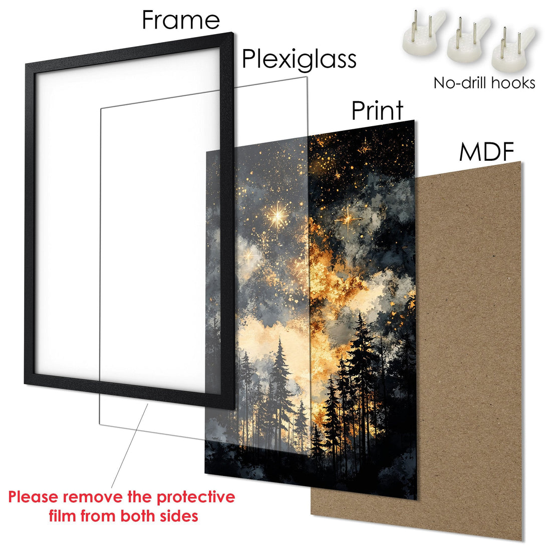 Framed Poster featuring a starry night forest scene in a dark, moody style with a gold and gray color palette. Ready to hang!