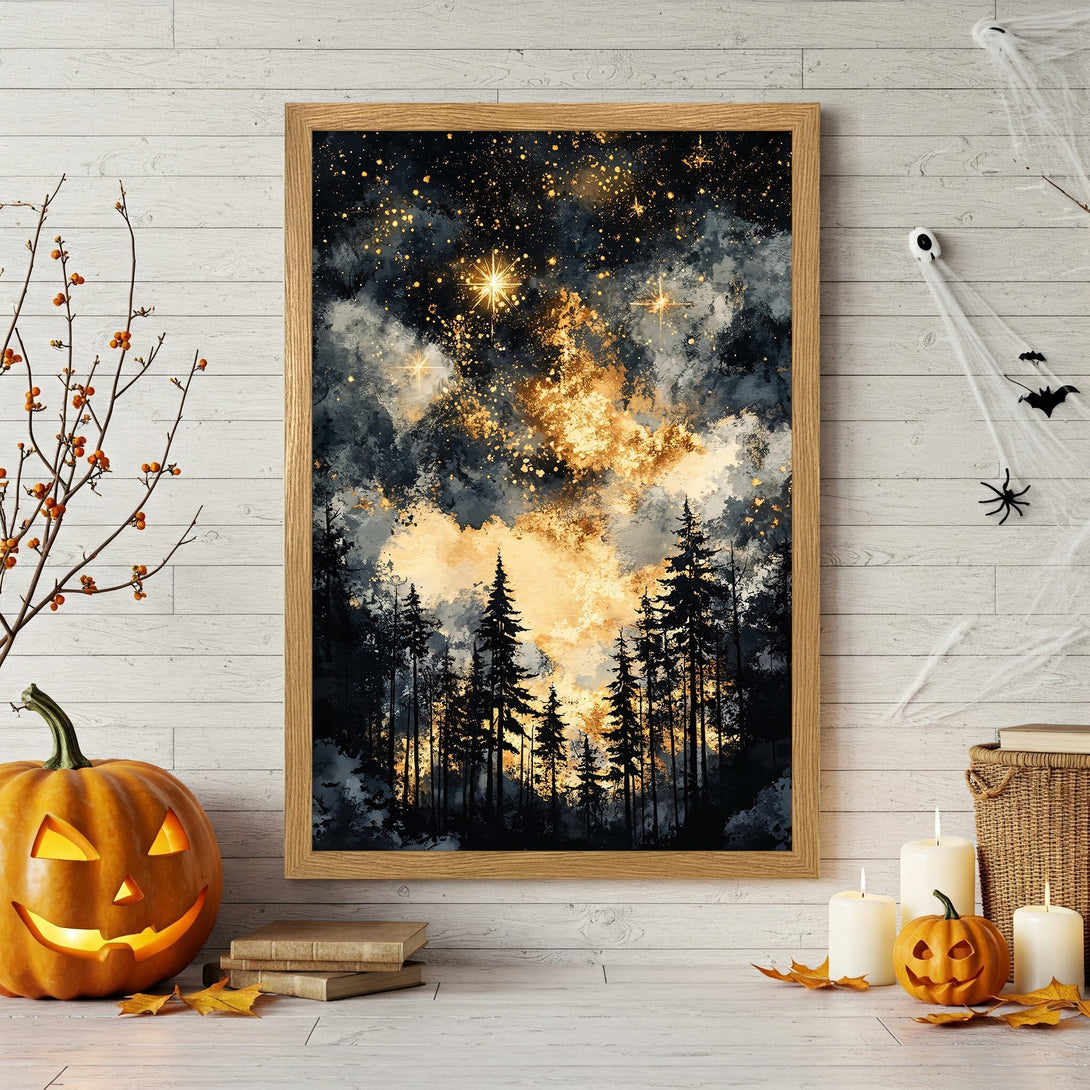 Framed Poster: Forest scene with starry sky, dark & gold color palette. Perfect for Halloween decor. Add this art print to your collection!
