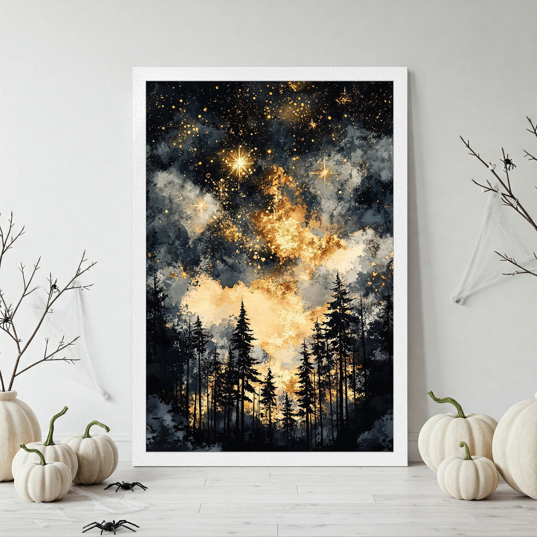 Framed Poster: Abstract forest art with a dark, moody palette of black, gold, and gray. Perfect for adding a touch of mystery to your decor.