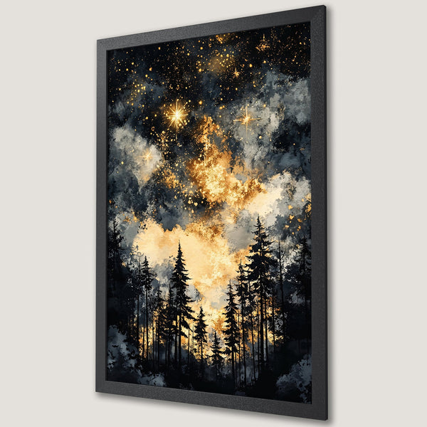 Framed Poster: Forest silhouette under a starry sky, artistic style, with a dark blue, gold, and gray color palette. Perfect wall art.