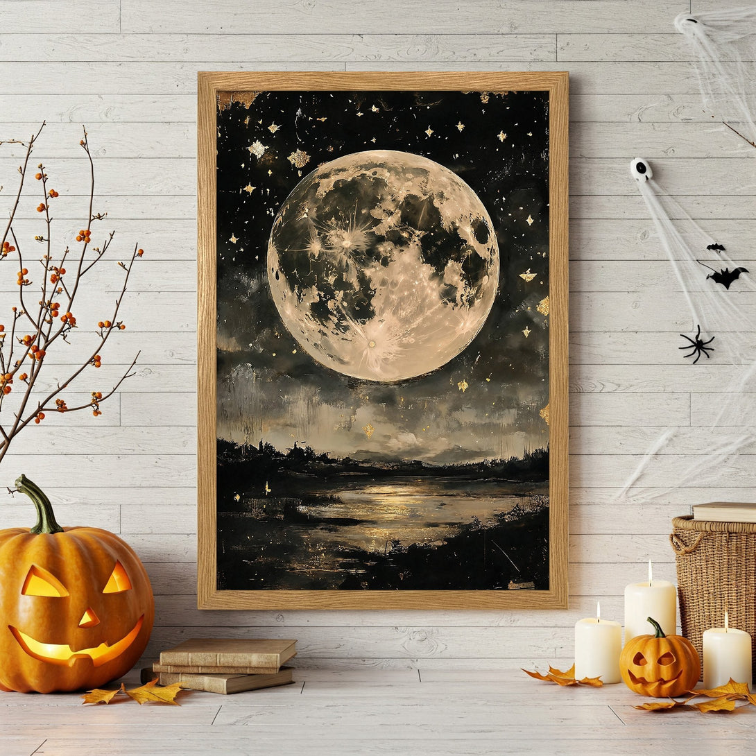 Framed Poster featuring a mystical moonlit landscape. Dark, moody art with gold accents. Perfect Halloween decor!