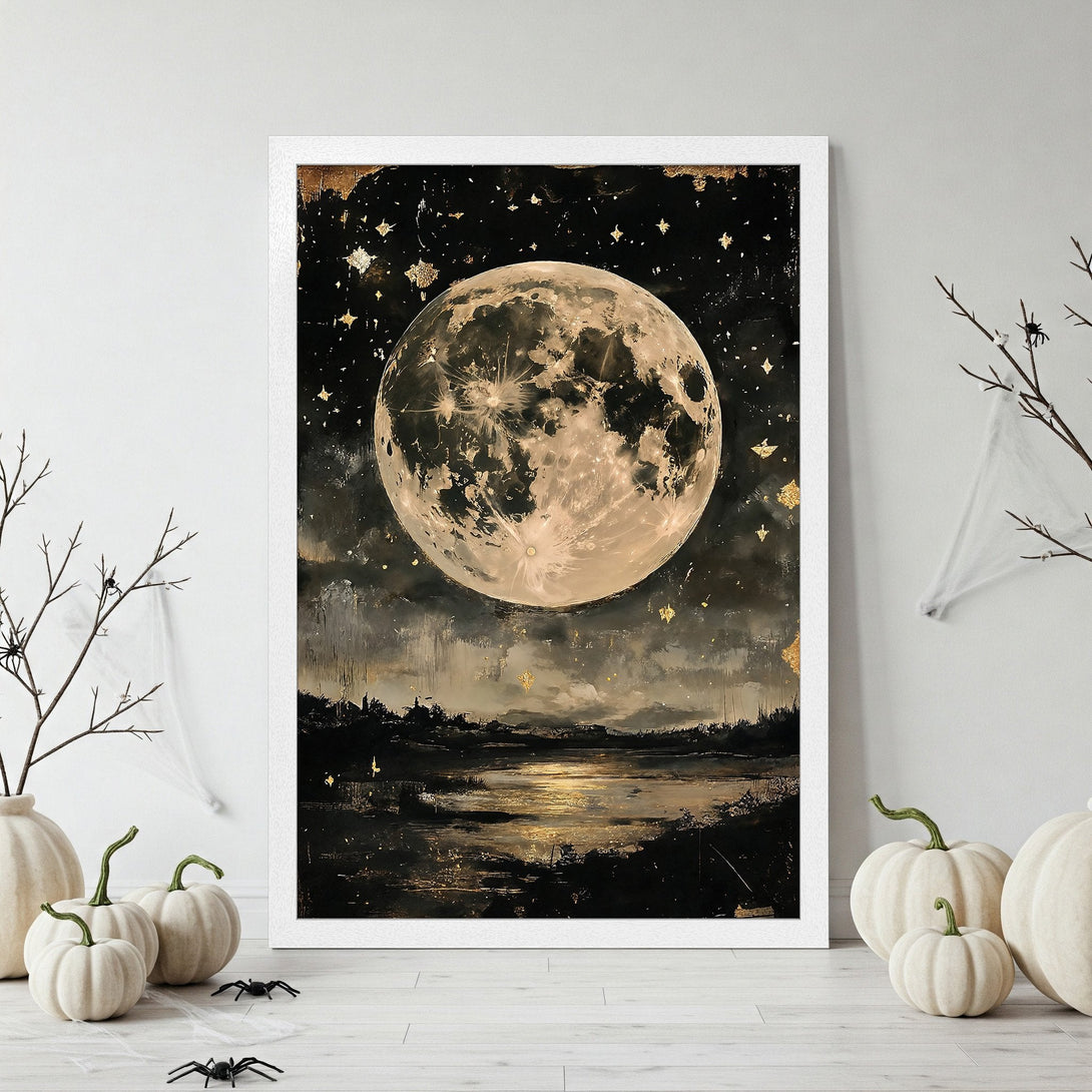 Framed Poster of a moonlit night scene. Dramatic, artistic style with a dark, gold, and sepia color palette. Perfect Halloween decor.