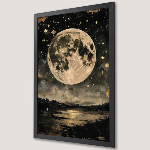 Framed Poster featuring a moonlit landscape with a celestial, artistic style and a black, gold, and beige color palette.