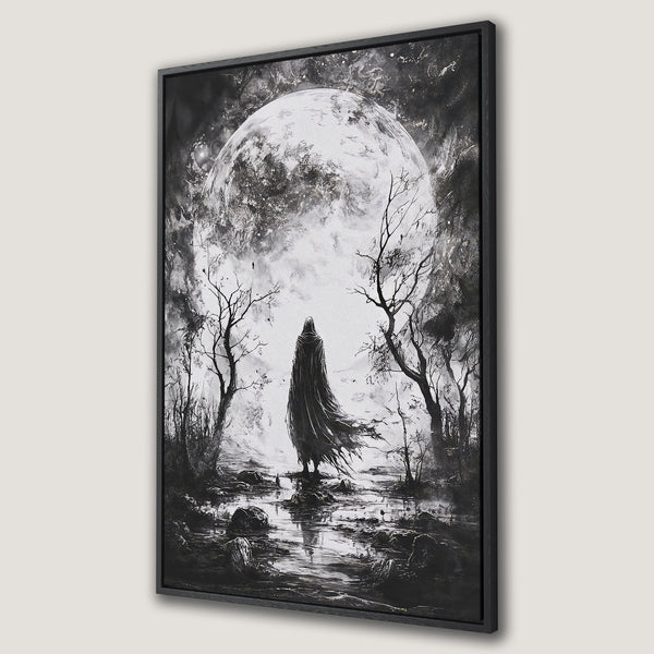 Framed Wall Art: Dramatic black and white canvas print featuring a cloaked figure before a moonlit landscape. Perfect for adding a touch of mystery and gothic style.