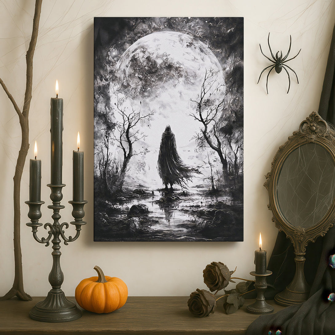 Framed Wall Art: Gothic figure under a moonlit sky, dramatic black & white art print. Perfect for adding a touch of mystery to your home decor.