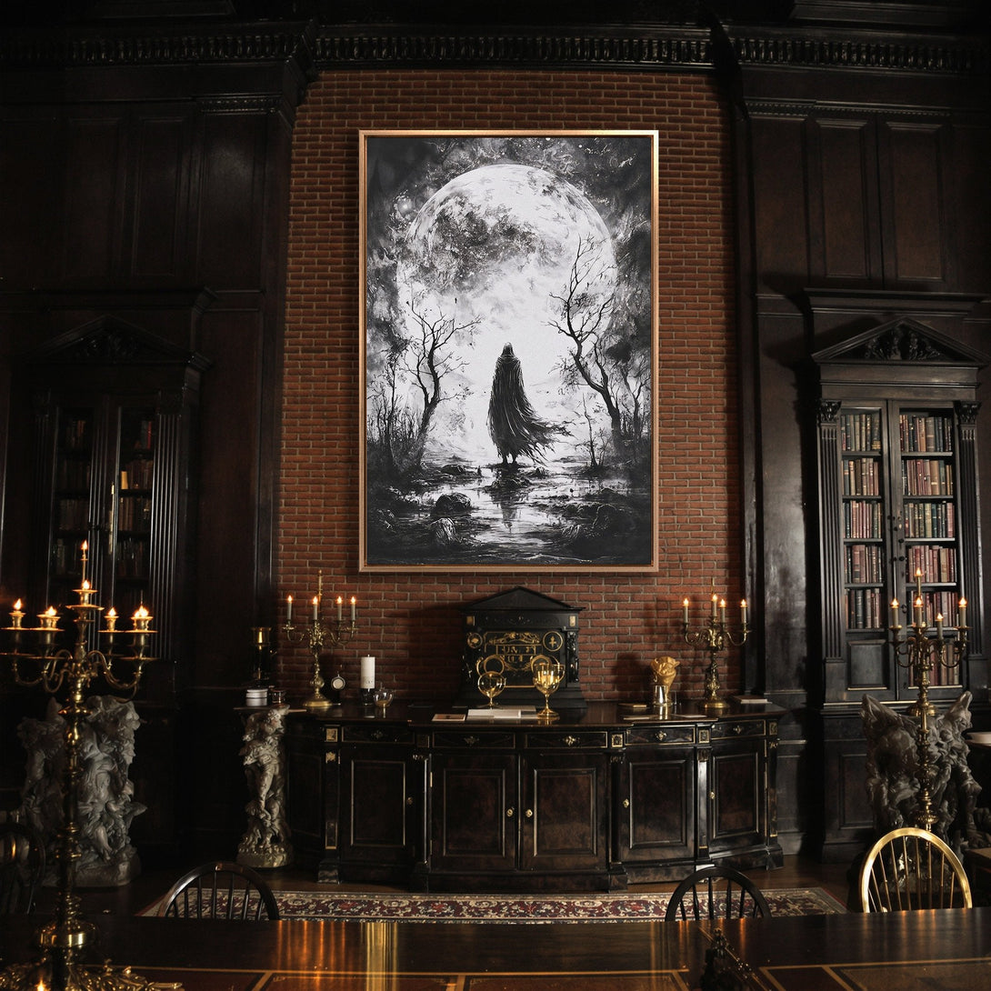 Framed Wall Art featuring a gothic figure under a full moon, in a dramatic black and white palette. Perfect for adding a touch of mystery.