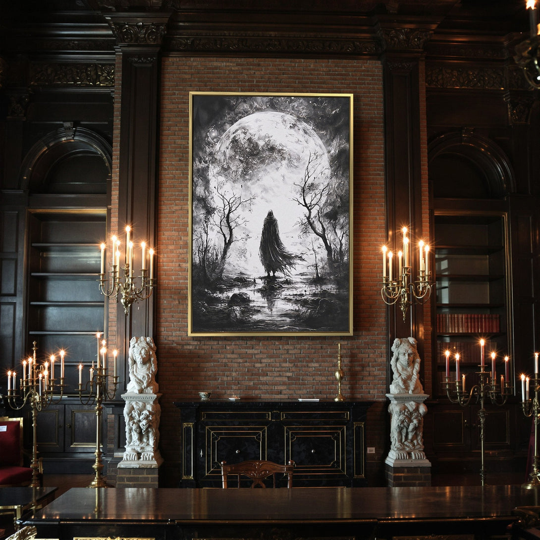 Canvas Print: Spooky art with a cloaked figure under a full moon. Monochrome style, perfect for Halloween decor. Dramatic and atmospheric.