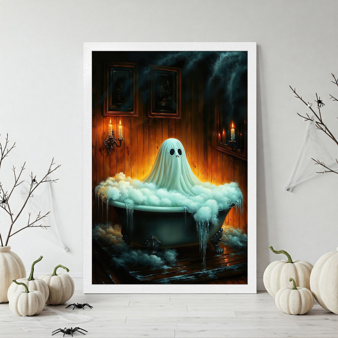 Framed Poster featuring a spooky ghost in a bathtub. Halloween art with warm orange and cool blue tones. Perfect for seasonal decor!