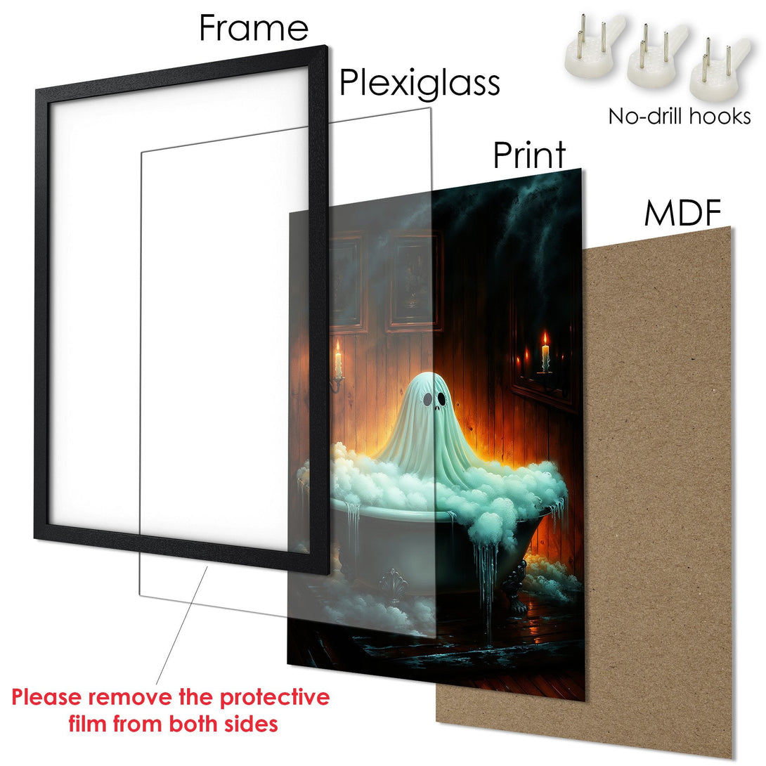Framed Poster featuring a ghost in a bathtub, with a spooky, warm color palette. Perfect Halloween decor!