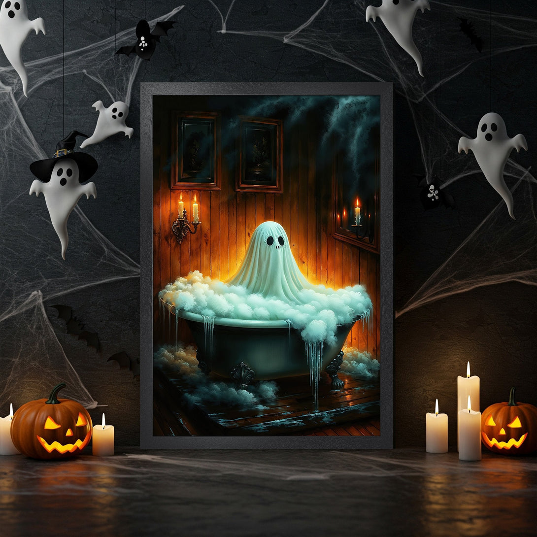 Framed Poster featuring a spooky ghost in a bathtub, Halloween theme, dark & orange color palette. Perfect for spooky decor!