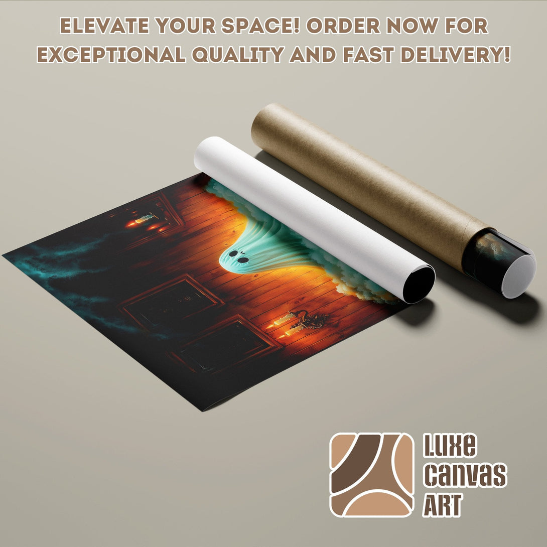 Spooky ghost Poster Roll art in teal, orange, and black. Elevate your space!