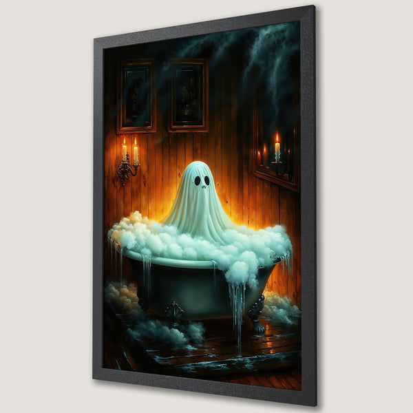 Framed Poster: Spooky ghost in a bathtub art print. Dark, whimsical style with warm, moody color palette. Perfect Halloween decor!