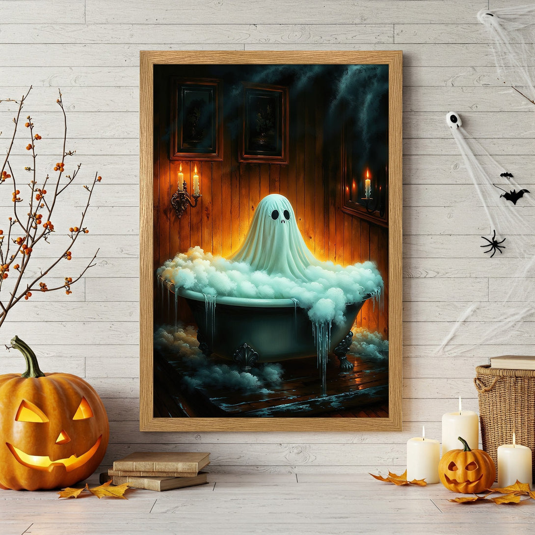 Framed Poster featuring a ghost in a bathtub, spooky Halloween art, warm color palette, perfect for seasonal decor.