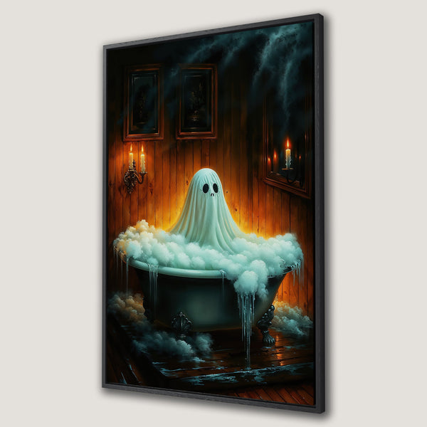 Framed Wall Art: Spooky ghost in a bathtub. Dark, moody art with a warm, orange and teal color palette. Perfect Halloween decor!