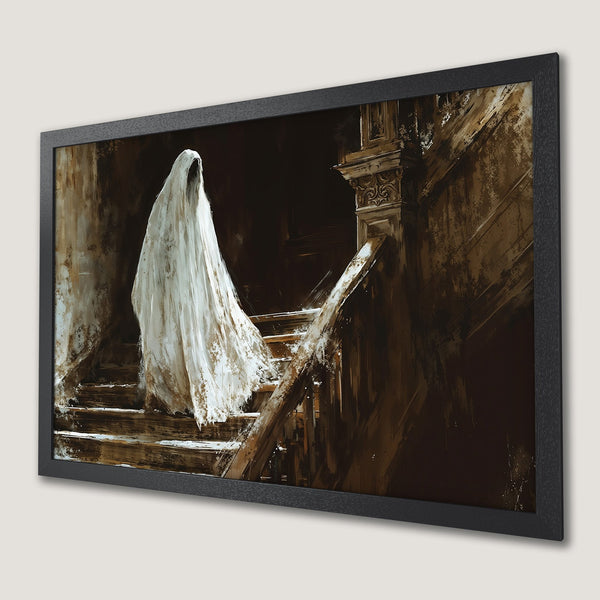 Framed Poster of a ghostly figure on a staircase, painted in a dark, moody style with a brown and white color palette. Perfect Halloween decor!