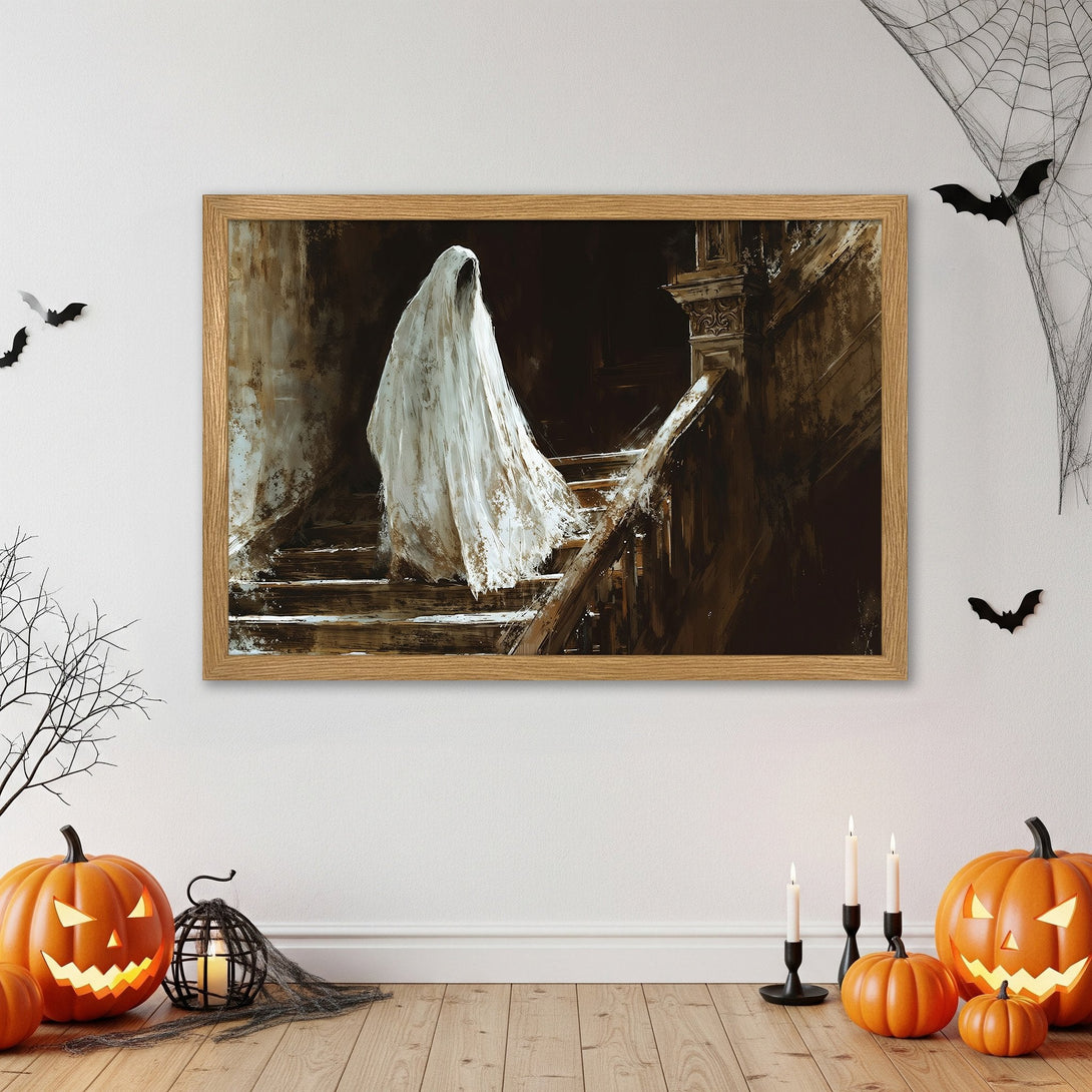 Framed Poster featuring a ghostly figure on stairs, in a dark, moody style with brown and white tones. Perfect Halloween decor!