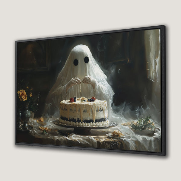 Framed Wall Art: Spooky ghost painting with a cake, vintage style, dark and moody color palette. Perfect for Halloween decor!
