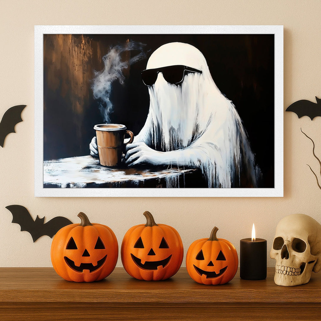 Framed Poster featuring a cool ghost in sunglasses, modern art style, with black, white, and brown tones, perfect for Halloween decor.