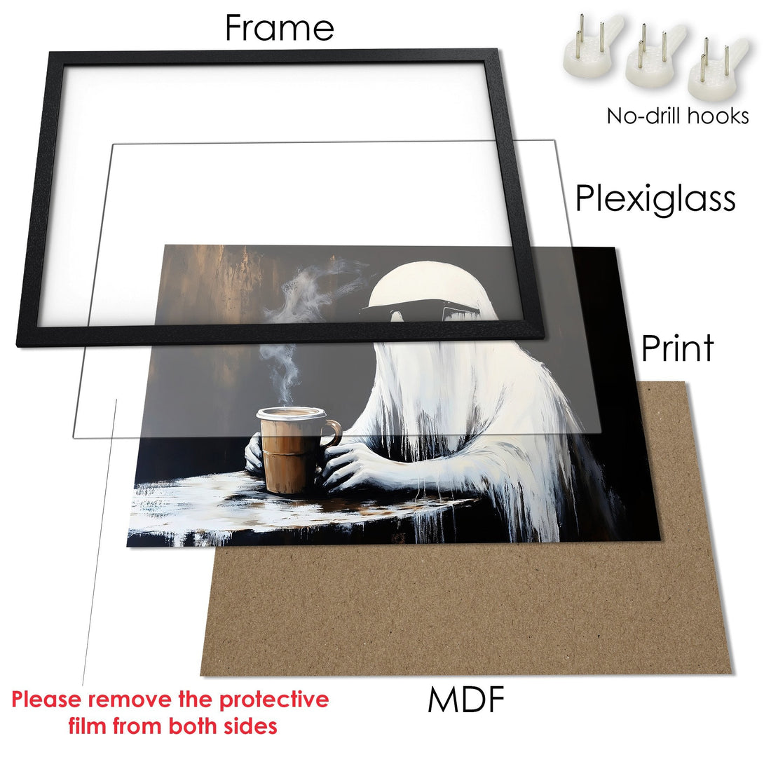 Framed Poster art print with a coffee cup, abstract style, neutral & warm color palette. Elevate your space with this unique Poster!